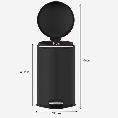 12L Rounded Pedal Rubbish Bin - Matte Black