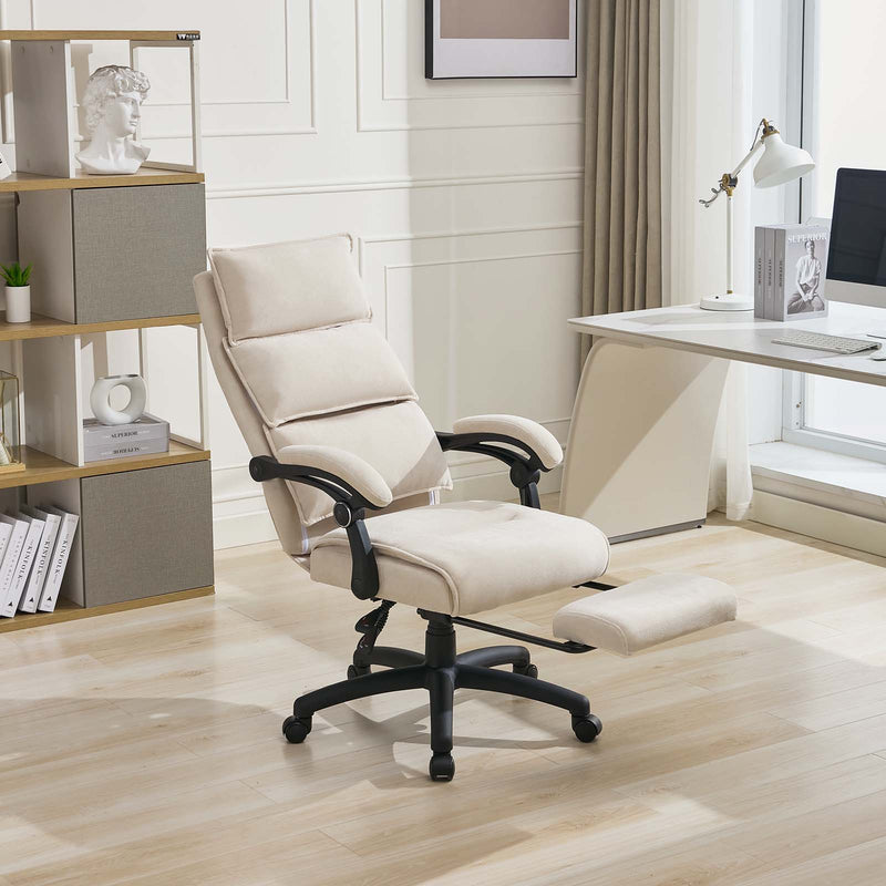 Lazy Reclining Office Chair with Footrest - Cream