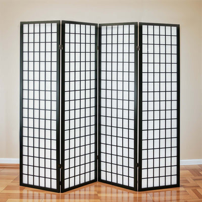 4-Panel Rice Paper Wooden Room Divider in Black, folded compact for storage or transport.