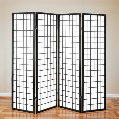 4-Panel Rice Paper Wooden Room Divider in Black, folded compact for storage or transport.