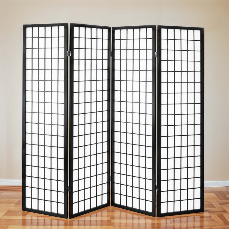 4-Panel Rice Paper Wooden Room Divider in Black, folded compact for storage or transport.