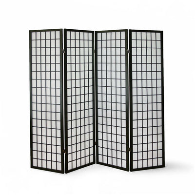 4-Panel Rice Paper Wooden Room Divider in Black, front view showing elegant design and sturdy frame.