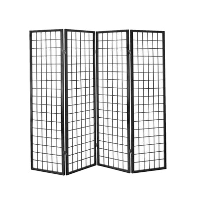 4-Panel Rice Paper Wooden Room Divider in Black, front view showing elegant design and sturdy frame.