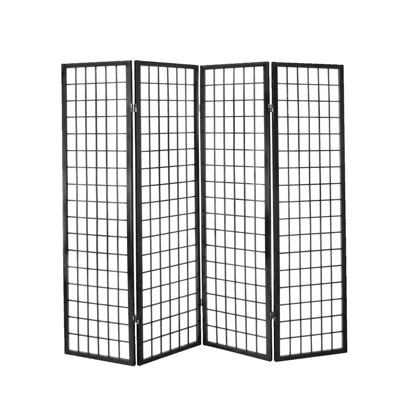 4-Panel Rice Paper Wooden Room Divider in Black, front view showing elegant design and sturdy frame.