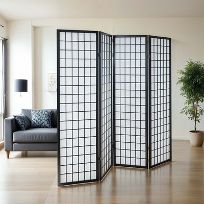 4-Panel Rice Paper Wooden Room Divider in Black, angled side view highlighting folding panels.