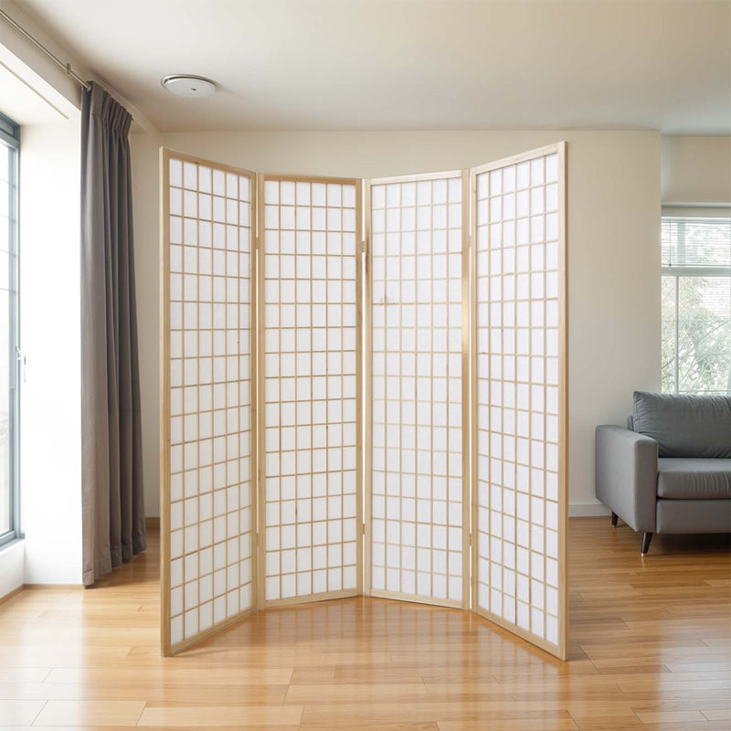 4-Panel Wooden Room Divider in Natural colour, side angle view highlighting its folding mechanism.