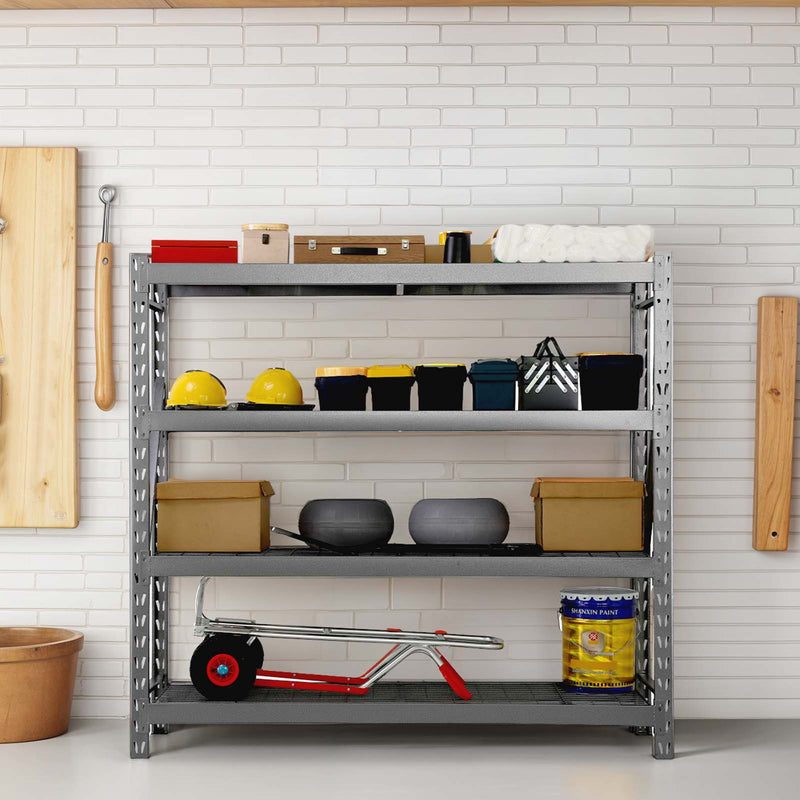 Side view of 4-tier adjustable garage heavy-duty metal shelf