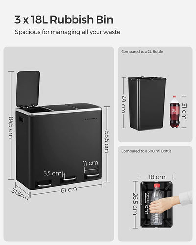 The 54L Black Rubbish Bin in use, demonstrating how to sort recyclables, organics, and waste efficiently.