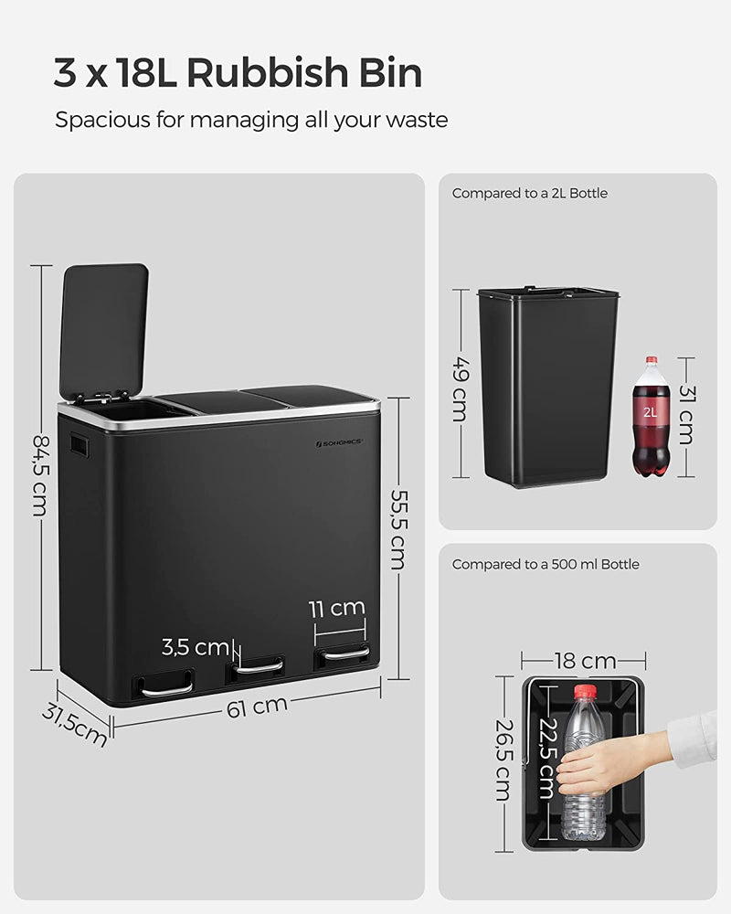 The 54L Black Rubbish Bin in use, demonstrating how to sort recyclables, organics, and waste efficiently.