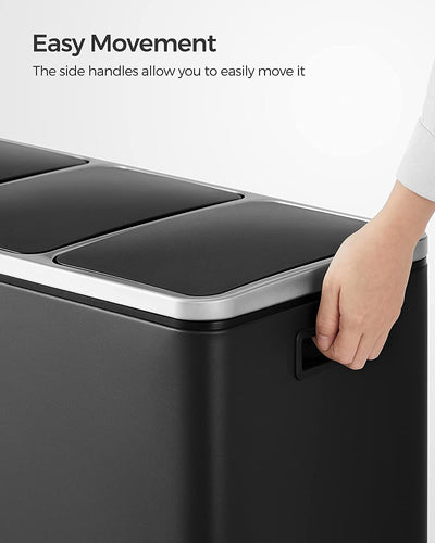 The 54L Rubbish Bin in black with all three compartments open, illustrating the internal division and capacity.