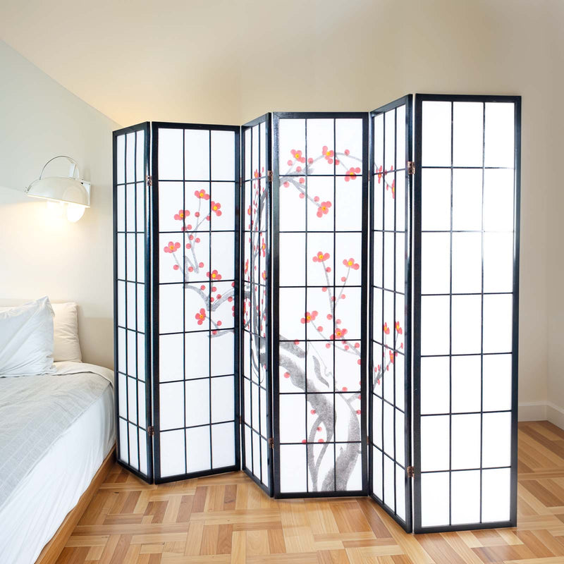 6-Panel Wooden Hand-Painted Room Divider in Black, folded view demonstrating its compact and portable design.