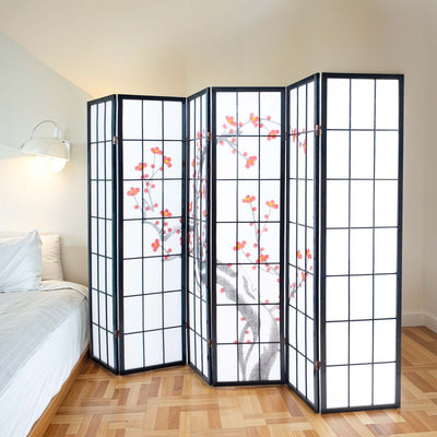 6-Panel Wooden Hand-Painted Room Divider in Black, folded view demonstrating its compact and portable design.