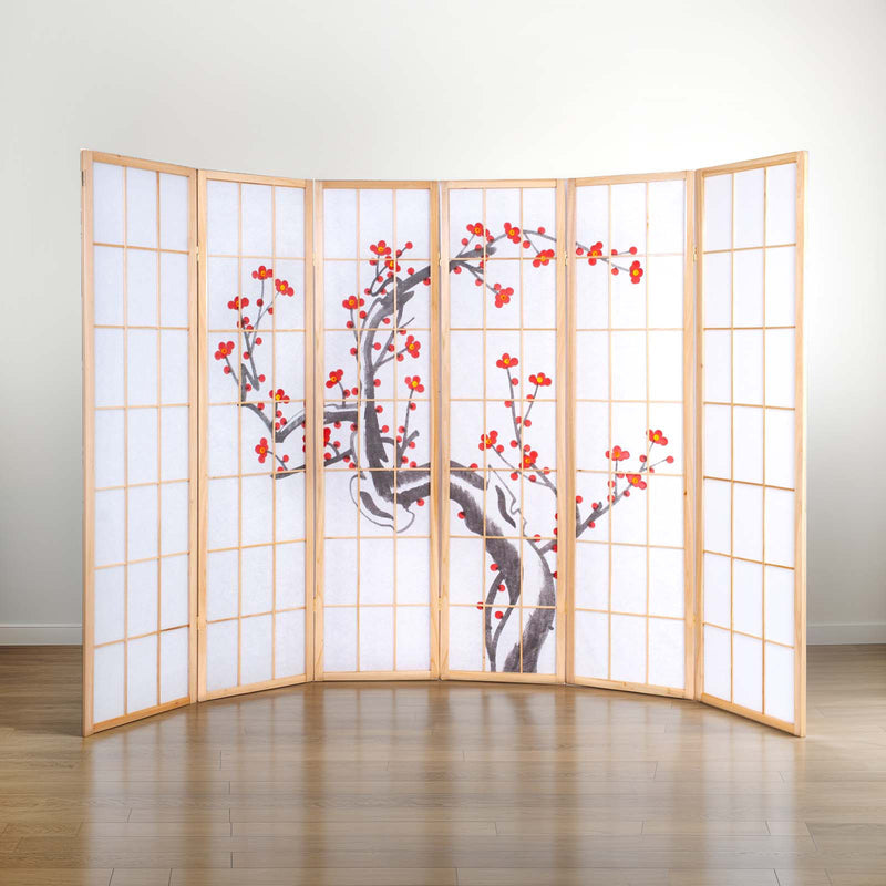 6-Panel Wooden Hand-Painted Room Divider in Natural finish, folded view for easy storage and portability.