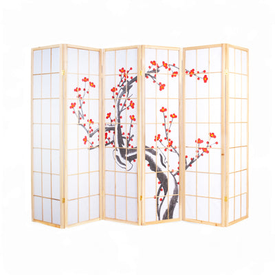 6-Panel Wooden Hand-Painted Room Divider in Natural finish, front view highlighting its elegant and artistic design.