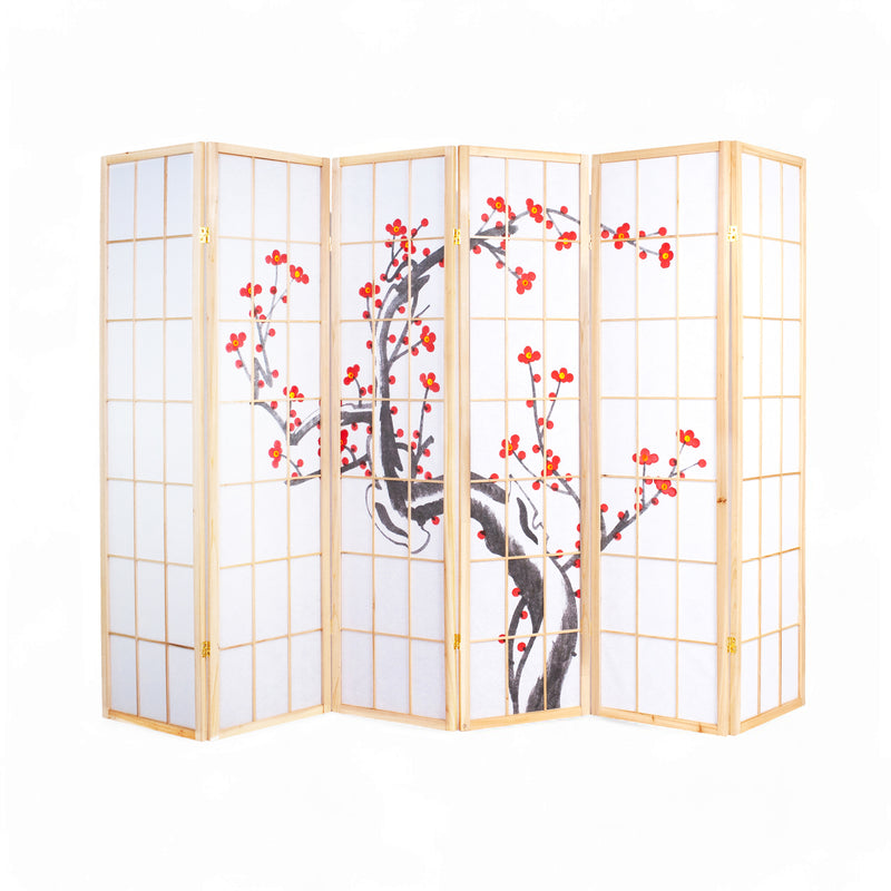 6-Panel Wooden Hand-Painted Room Divider in Natural finish, front view highlighting its elegant and artistic design.