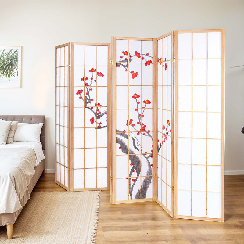 6-Panel Wooden Hand-Painted Room Divider in Natural finish, side angle view showcasing the hand-painted details and foldable panels.