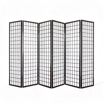 6-Panel Rice Paper Wooden Room Divider in Black, front view showcasing its elegant design and spacious coverage.