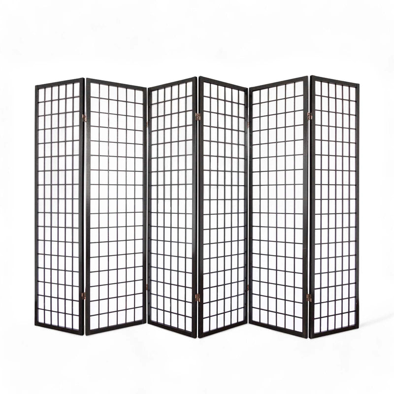 6-Panel Rice Paper Wooden Room Divider in Black, front view showcasing its elegant design and spacious coverage.