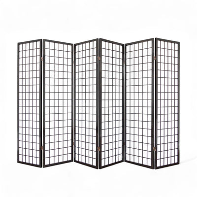 6-Panel Rice Paper Wooden Room Divider in Black, front view showcasing its elegant design and spacious coverage.