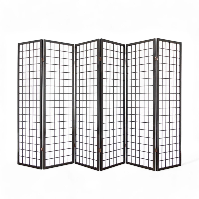 6-Panel Rice Paper Wooden Room Divider in Black, front view showcasing its elegant design and spacious coverage.