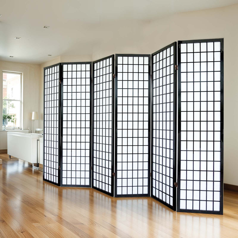 6-Panel Rice Paper Wooden Room Divider in Black, side angle view highlighting its foldable panels.