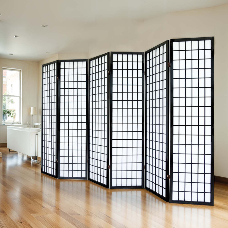 6-Panel Rice Paper Wooden Room Divider in Black, side angle view highlighting its foldable panels.