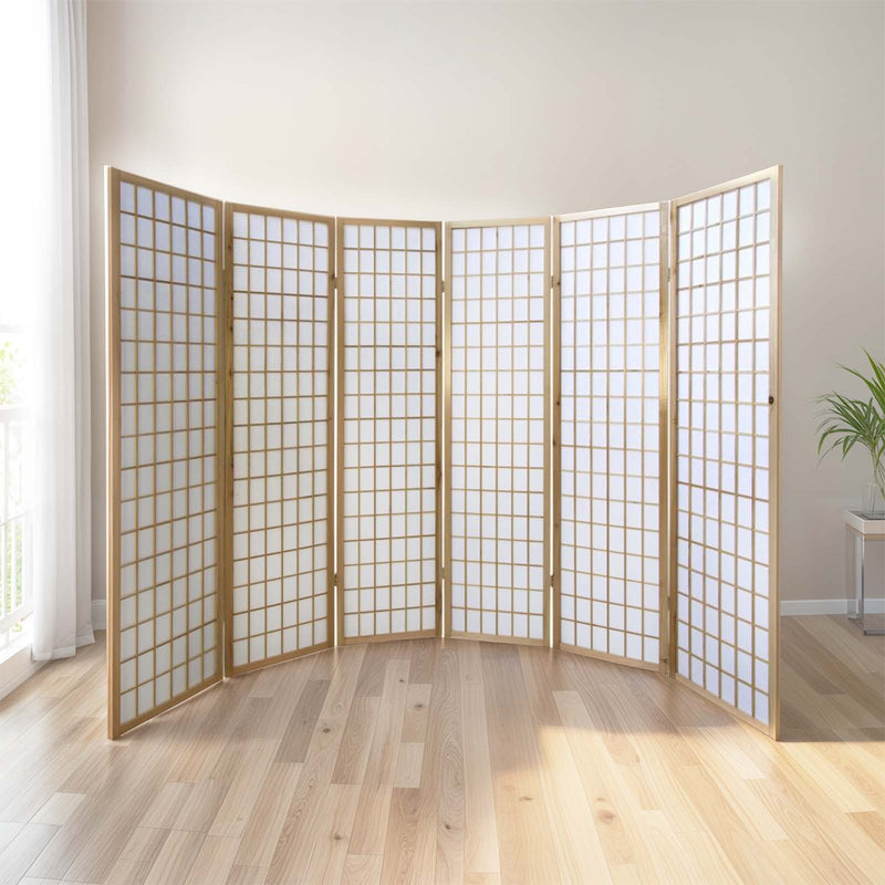 Closeup of the natural wooden frame and panel details on the 6-Panel Room Divider.