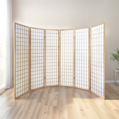 Closeup of the natural wooden frame and panel details on the 6-Panel Room Divider.