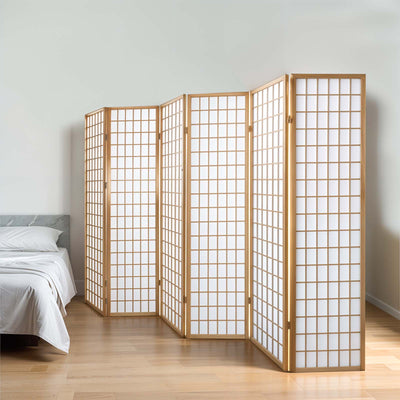 6-Panel Wooden Room Divider in Natural finish, folded view demonstrating compact storage capability.