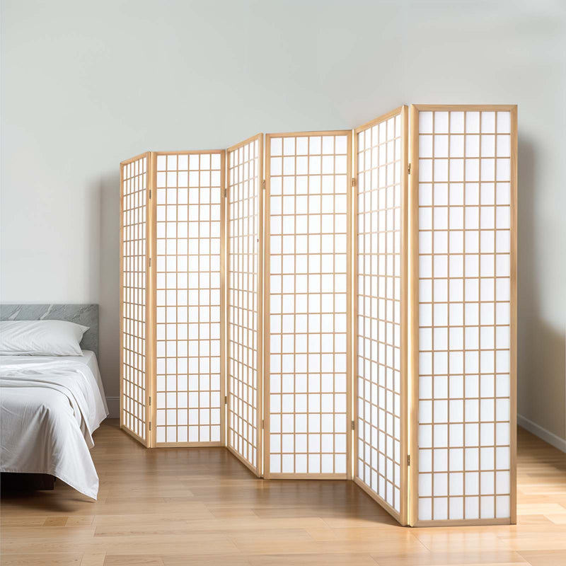 6-Panel Wooden Room Divider in Natural finish, folded view demonstrating compact storage capability.