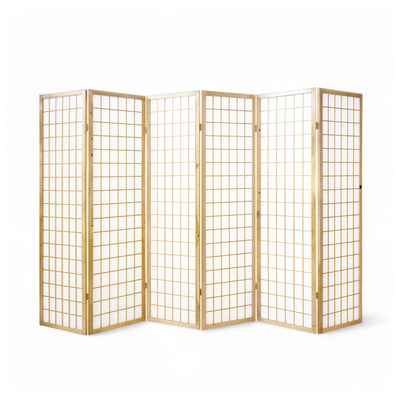 6-Panel Wooden Room Divider in Natural finish, front view showcasing its simple and elegant design.