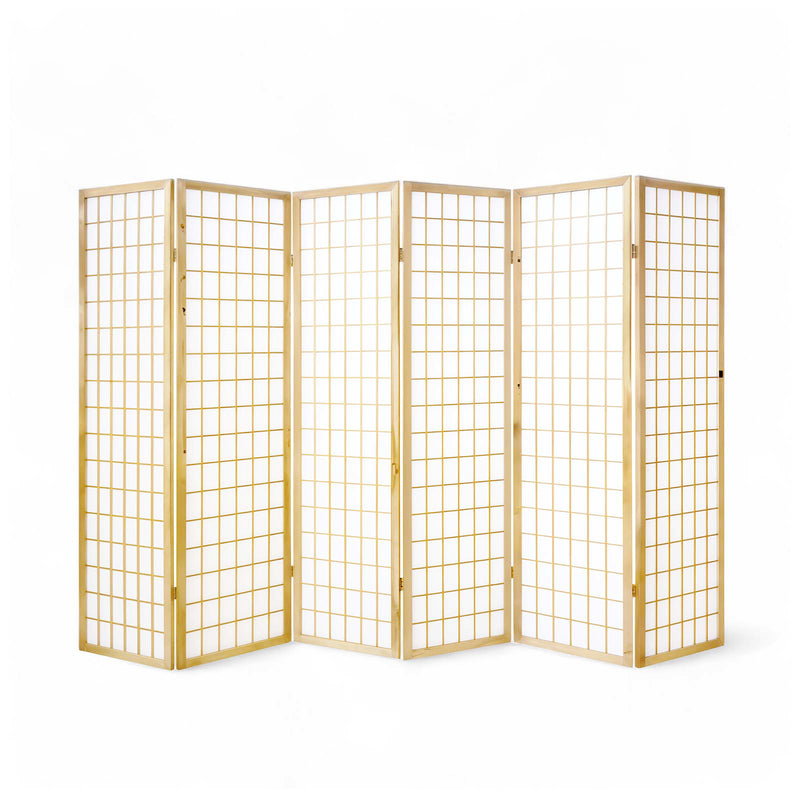 6-Panel Wooden Room Divider in Natural finish, front view showcasing its simple and elegant design.