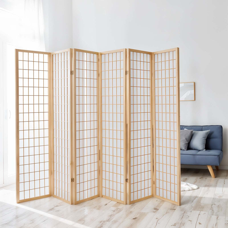 6-Panel Wooden Room Divider in Natural finish, side angle view highlighting the foldable panels.