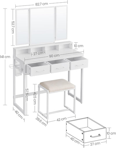 Tri-Fold Mirror Dressing Vanity Table with Stool and Drawers