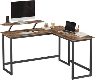 Office L-Shaped Corner Desk with Screen Mount - Brown