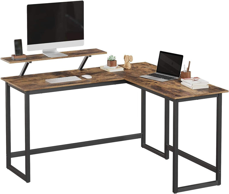 Office L-Shaped Corner Desk with Screen Mount - Brown