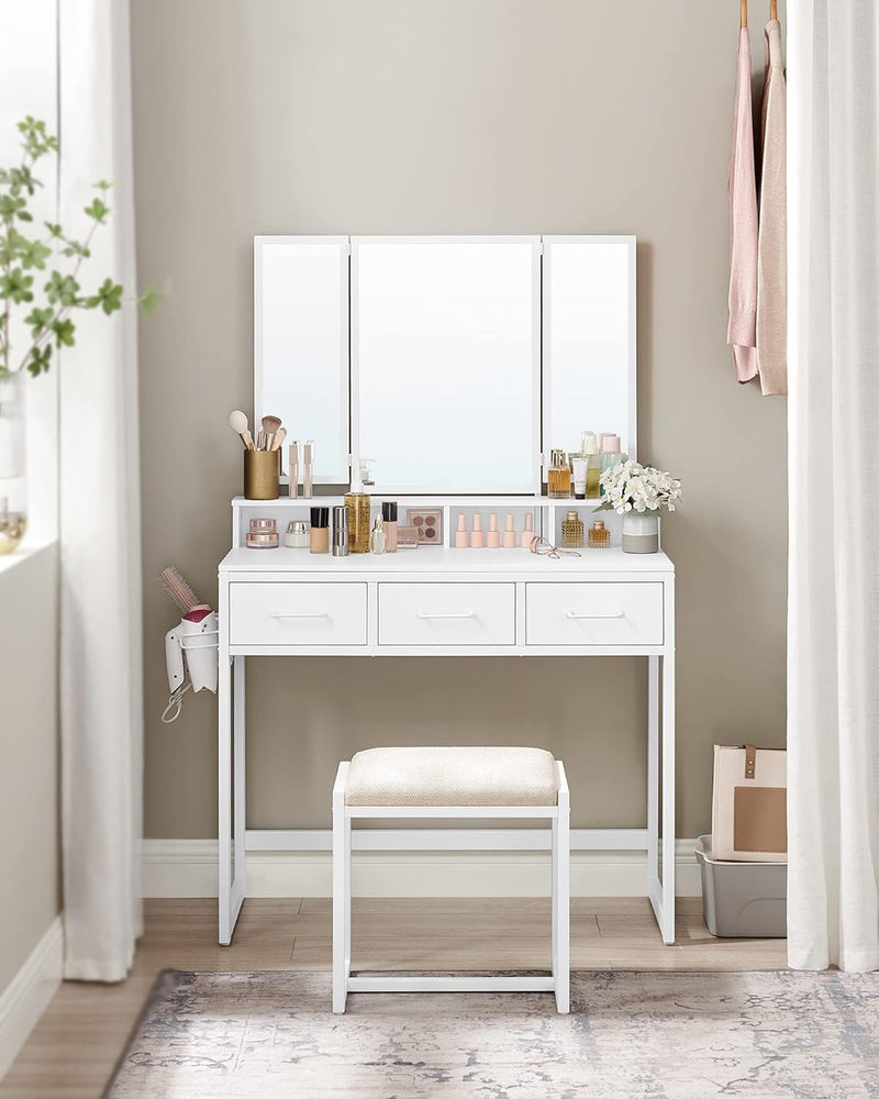 Tri-Fold Mirror Dressing Vanity Table with Stool and Drawers