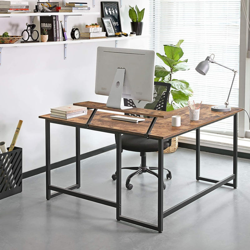 Office L-Shaped Corner Desk with Screen Mount - Brown