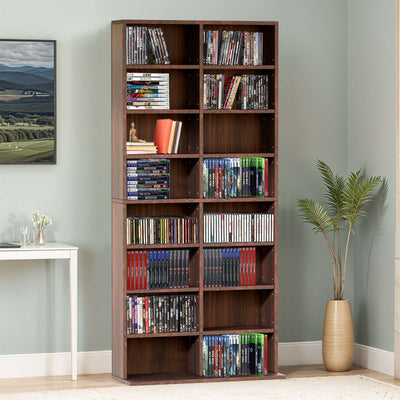 Angled view of the 8 Tier CD DVD Rack Shelf showcasing its sleek walnut design and spacious storage.