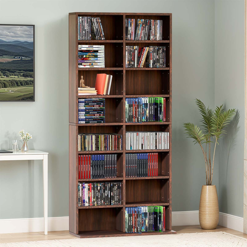 Angled view of the 8 Tier CD DVD Rack Shelf showcasing its sleek walnut design and spacious storage.