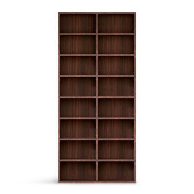 Closeup of the walnut-finished 8 Tier CD DVD Rack Shelf, showing the quality and detailing of the shelves.