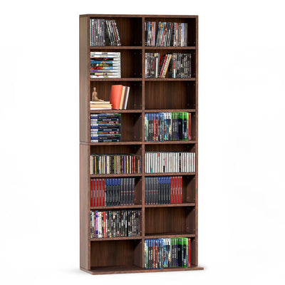 Front view of the 8 Tier CD DVD Rack Shelf in a walnut finish, perfect for organising media collections.
