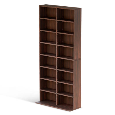 8 Tier CD DVD Rack Shelf in walnut finish displayed in a modern living room setting with media items.