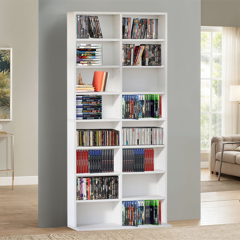 Angled view of the 8 Tier CD DVD Rack Shelf showcasing its clean white design and ample storage space.