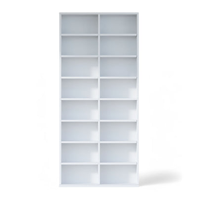 Closeup of the white-finished 8 Tier CD DVD Rack Shelf, showing the smooth detailing and sturdy shelves.
