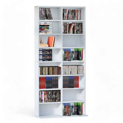 Front view of the 8 Tier CD DVD Rack Shelf in a white finish, ideal for organising CDs, DVDs, and more.