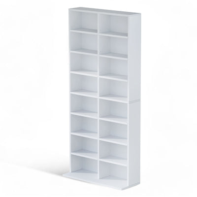 8 Tier CD DVD Rack Shelf in white finish displayed in a stylish home setting with media collections.