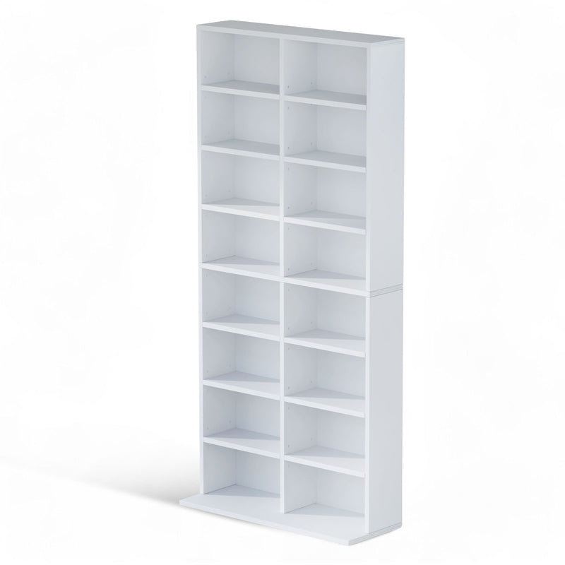 8 Tier CD DVD Rack Shelf in white finish displayed in a stylish home setting with media collections.