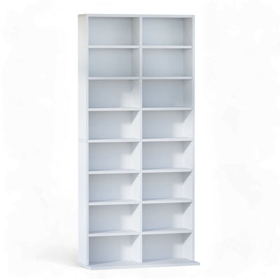 Side profile of the 8 Tier CD DVD Rack Shelf in white, highlighting its modern and compact structure.