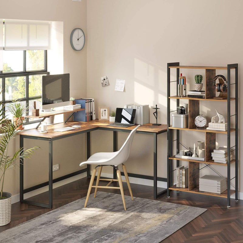 Office L-Shaped Corner Desk with Screen Mount - Brown